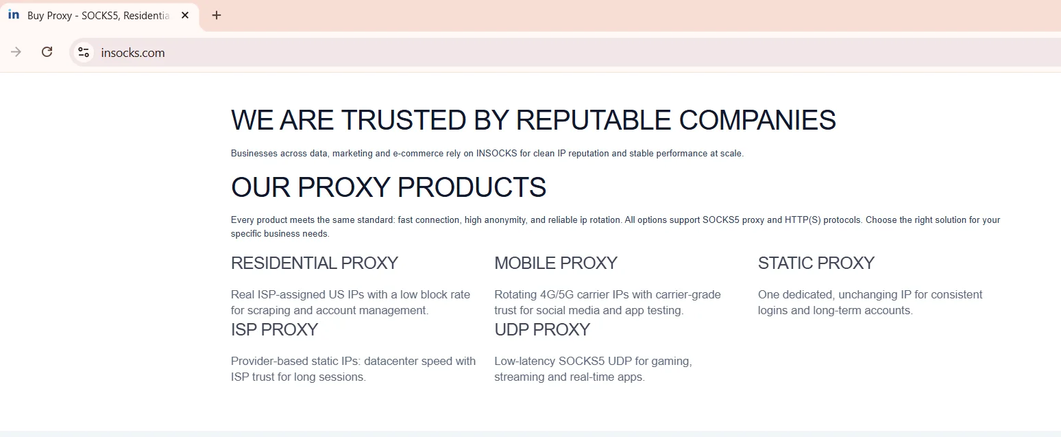 Captura de pantalla del panel de configuración de productos proxy de Insocks
