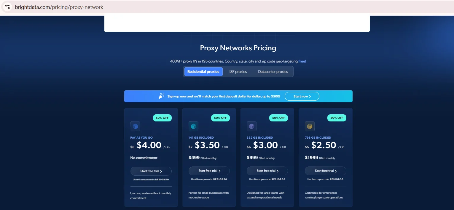 Trang giá mạng proxy Bright Data hiển thị các gói dân cư
