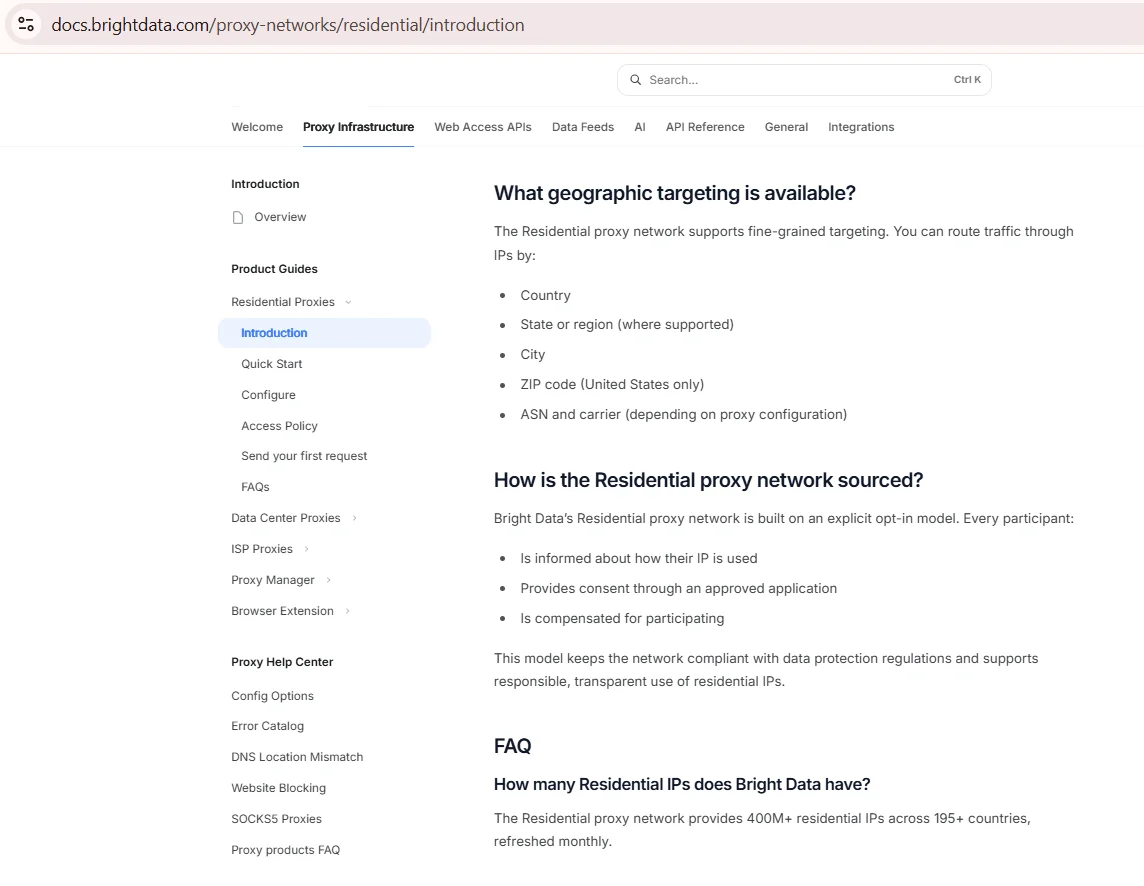Tài liệu proxy dân cư Bright Data hiển thị các tùy chọn nhắm mục tiêu