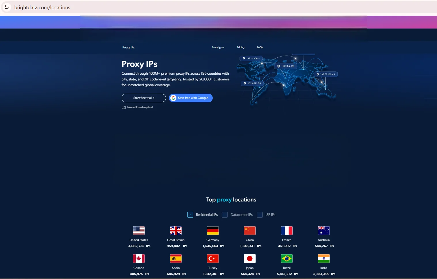 Trang vị trí IP proxy Bright Data với độ phủ quốc gia