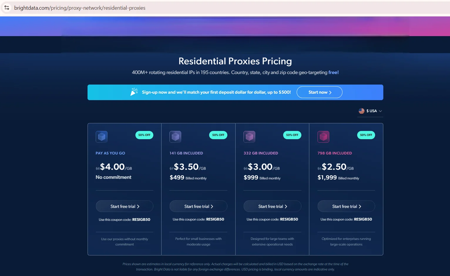 Các gói và mức giá proxy dân cư Bright Data