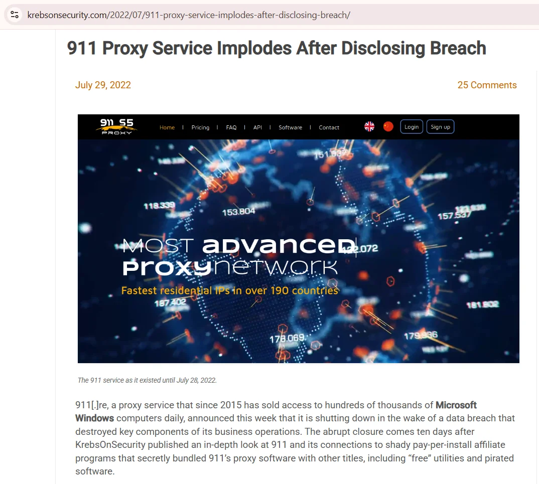 Titular del artículo de Krebs on Security sobre el cierre del servicio de proxy 911