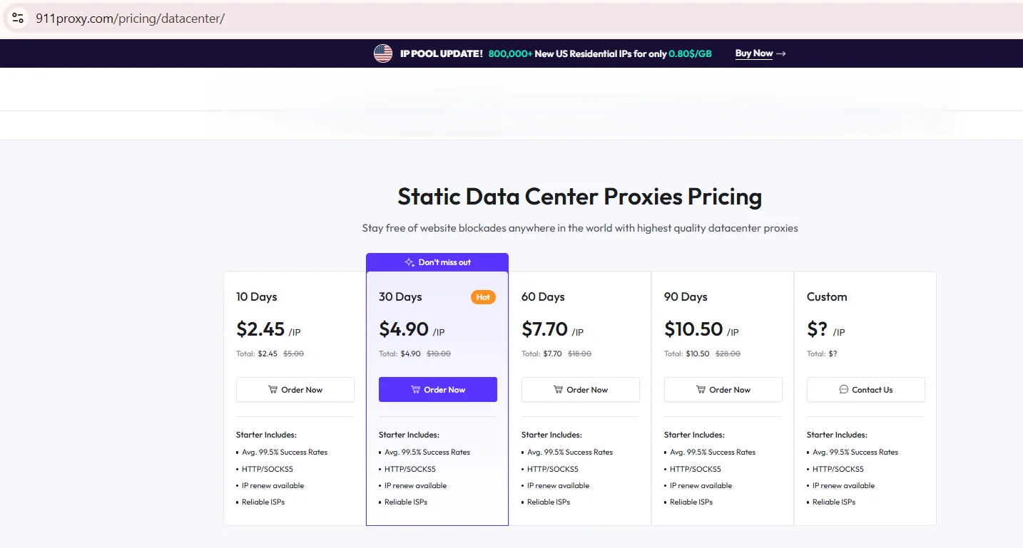 Captura de pantalla de la tabla de precios de proxies datacenter estáticos de 911proxy