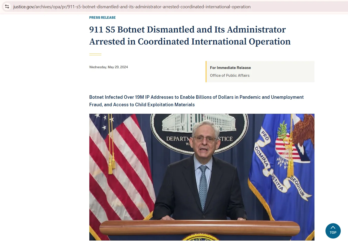 Página del comunicado del Departamento de Justicia sobre el desmantelamiento del botnet 911 S5