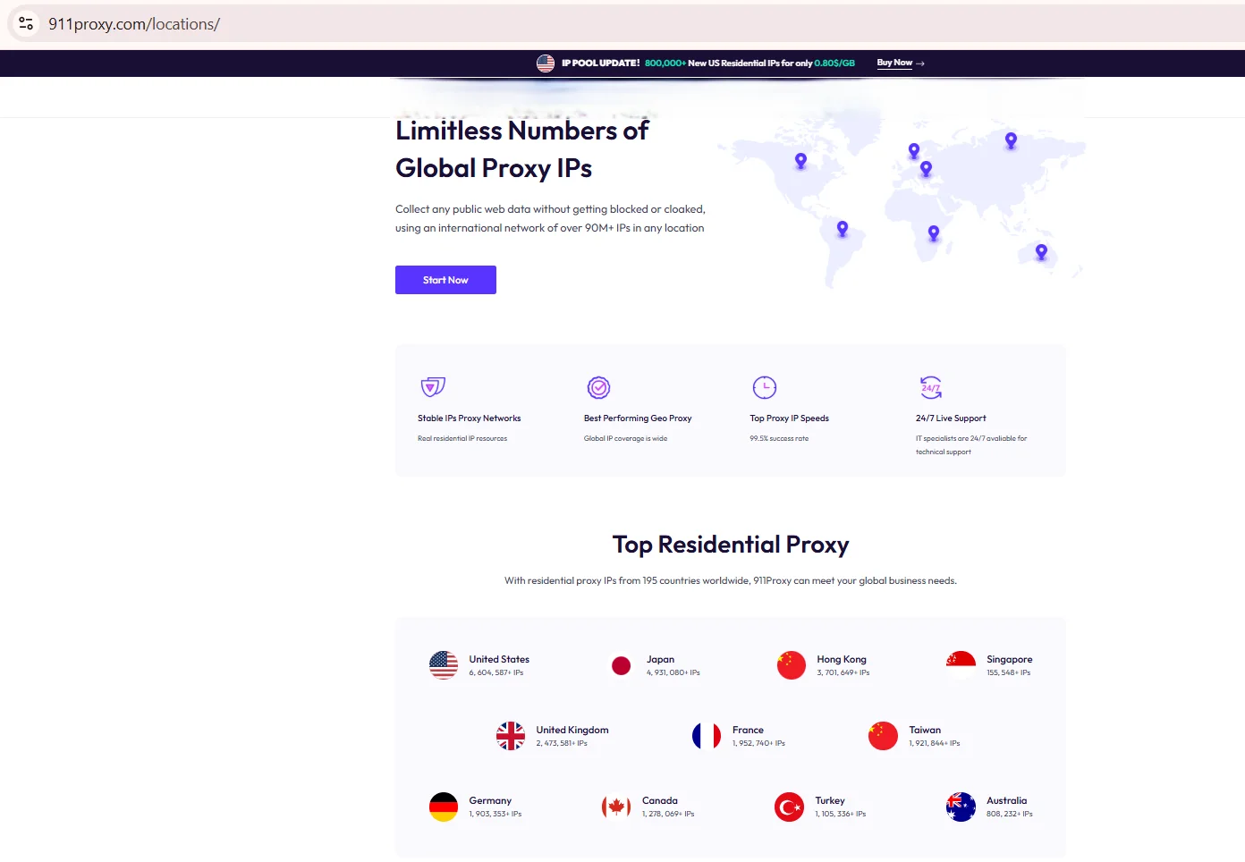 Página de ubicaciones de 911proxy que enumera los países de proxy disponibles
