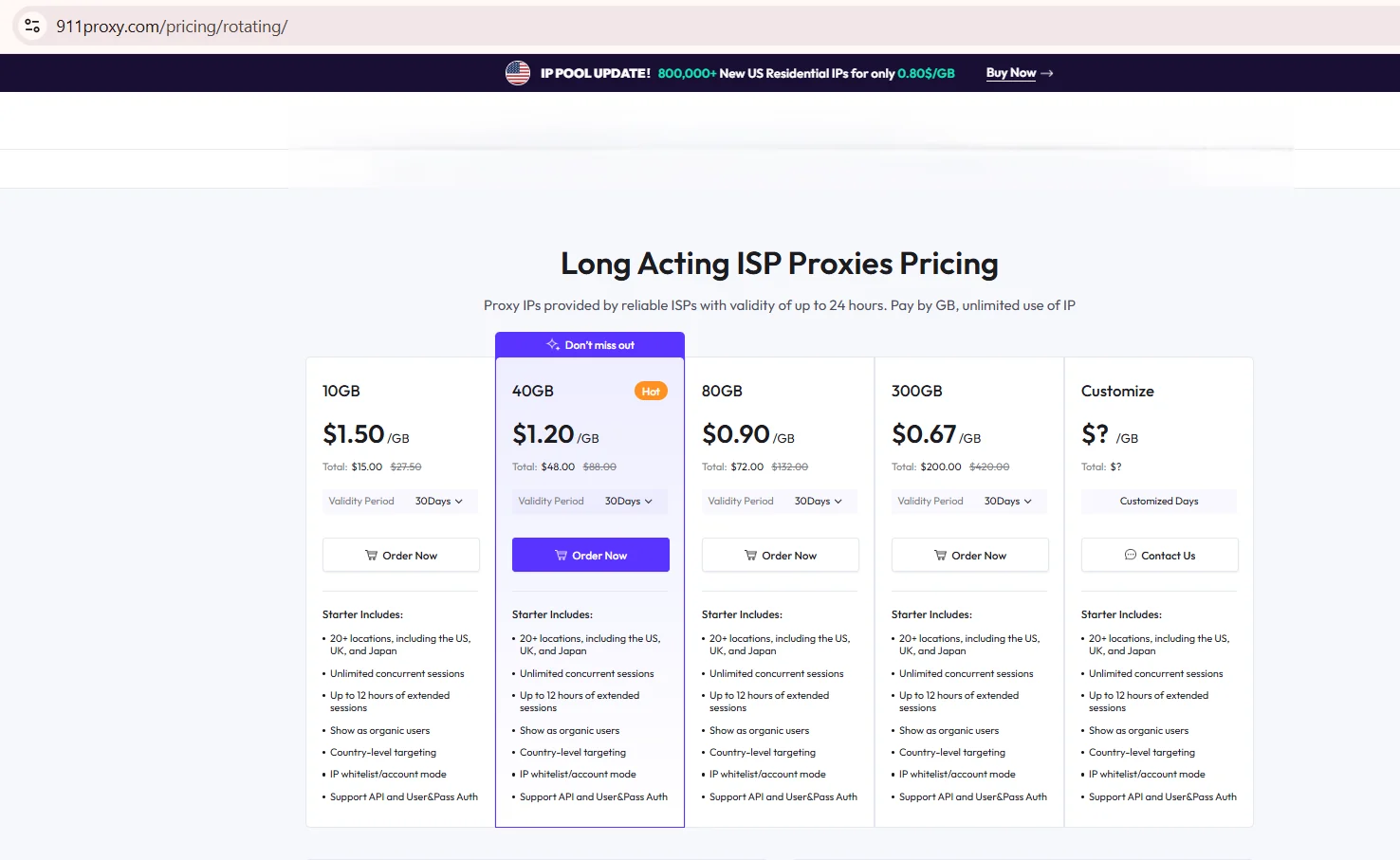 Captura de pantalla de la tabla de precios de proxies Long Acting ISP de 911proxy