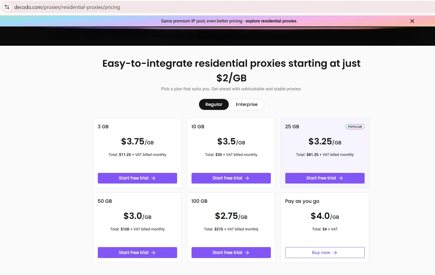 Captura de la página de precios de proxies residenciales de Decodo de agosto de 2026