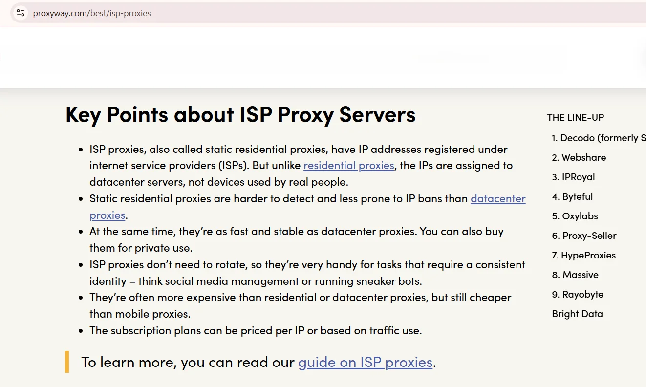 Gráfico que compara los tipos de proxy ISP, residencial rotativo y centro de datos
