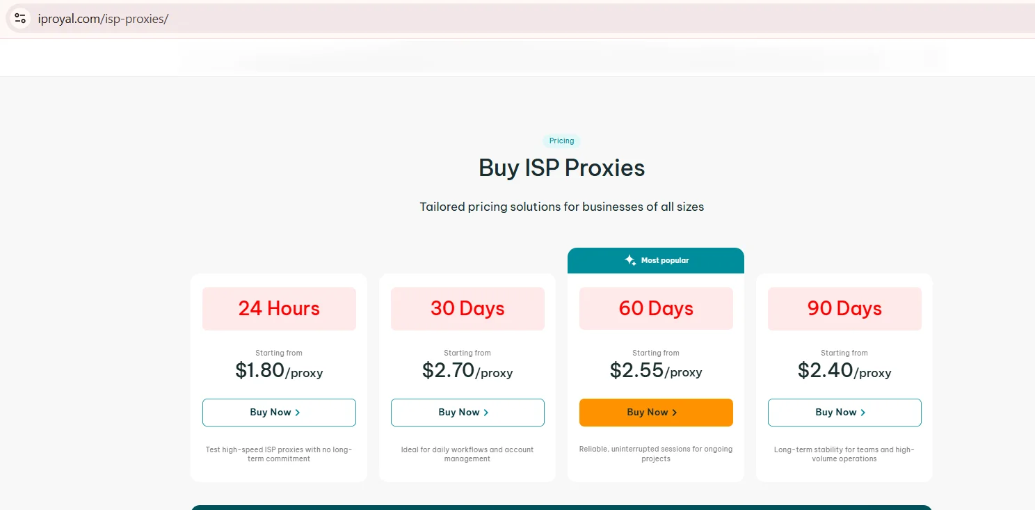 Captura de pantalla de los precios de proxies ISP de IPRoyal