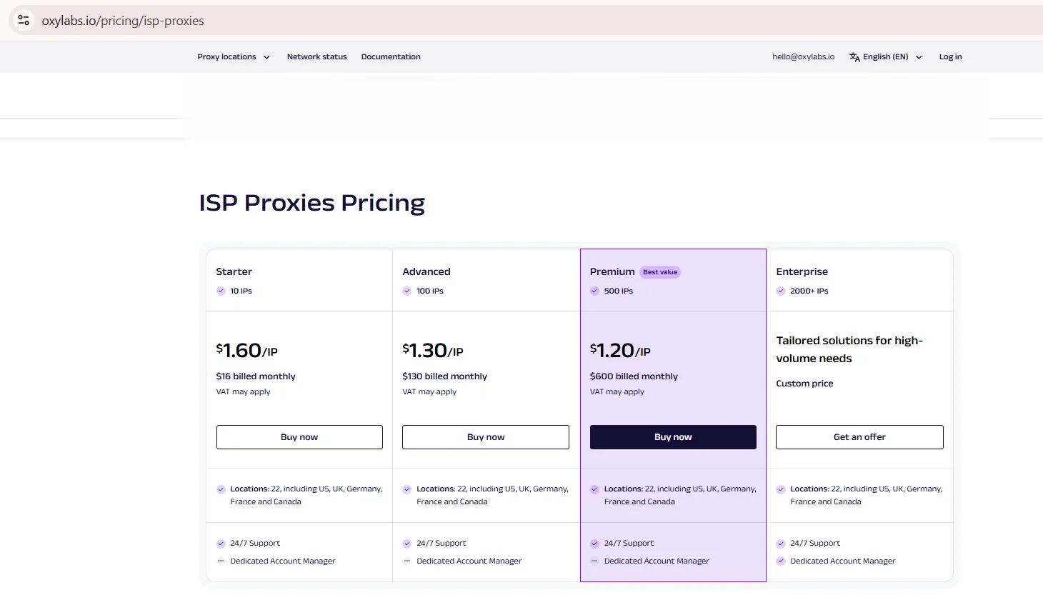 Captura de pantalla de la página de precios de proxies de Oxylabs