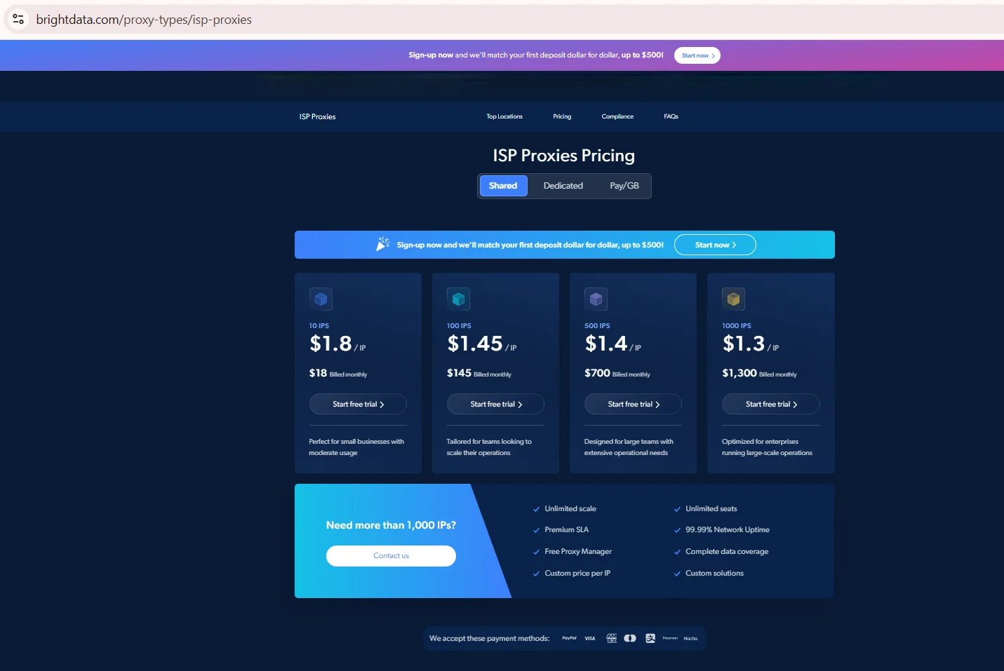Captura de pantalla de la página del producto de proxies ISP de Bright Data