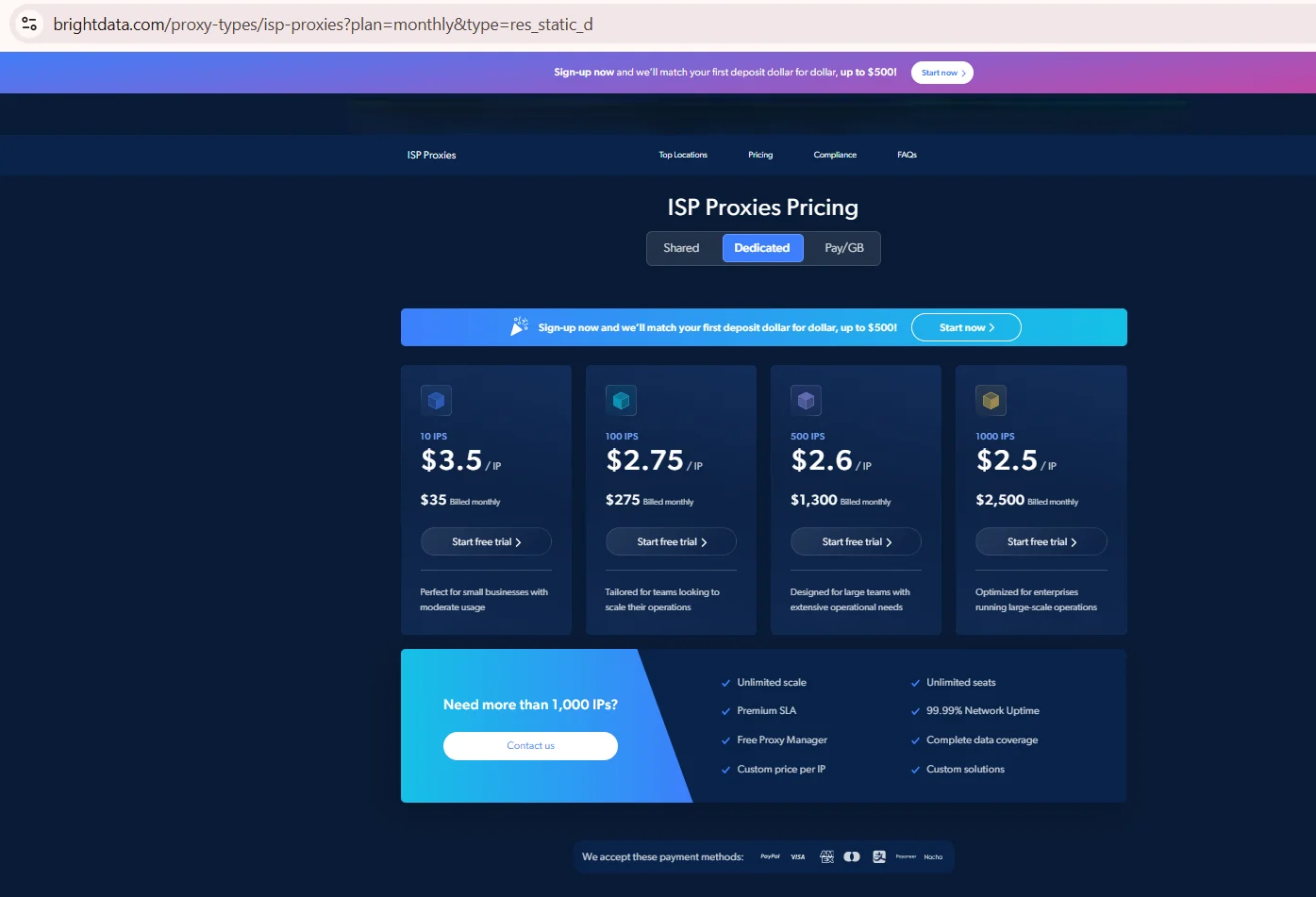 Captura de pantalla de los detalles del producto de proxies ISP de Bright Data