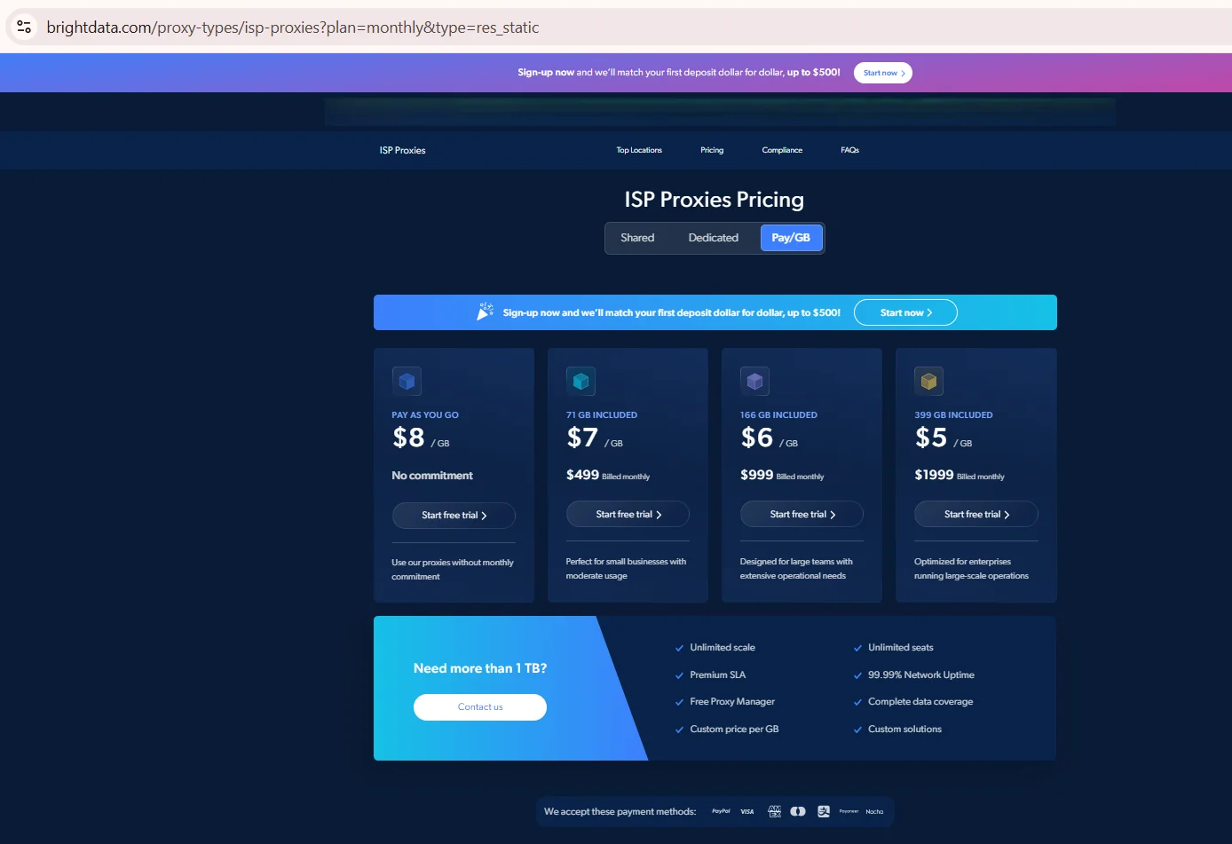 Captura de pantalla de las características del producto de proxies ISP de Bright Data