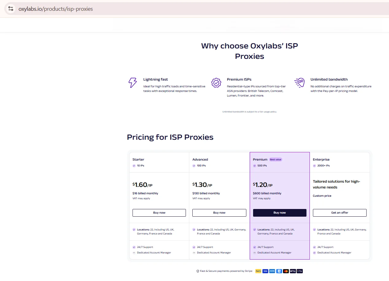 Captura de pantalla de la página del producto de proxies ISP de Oxylabs
