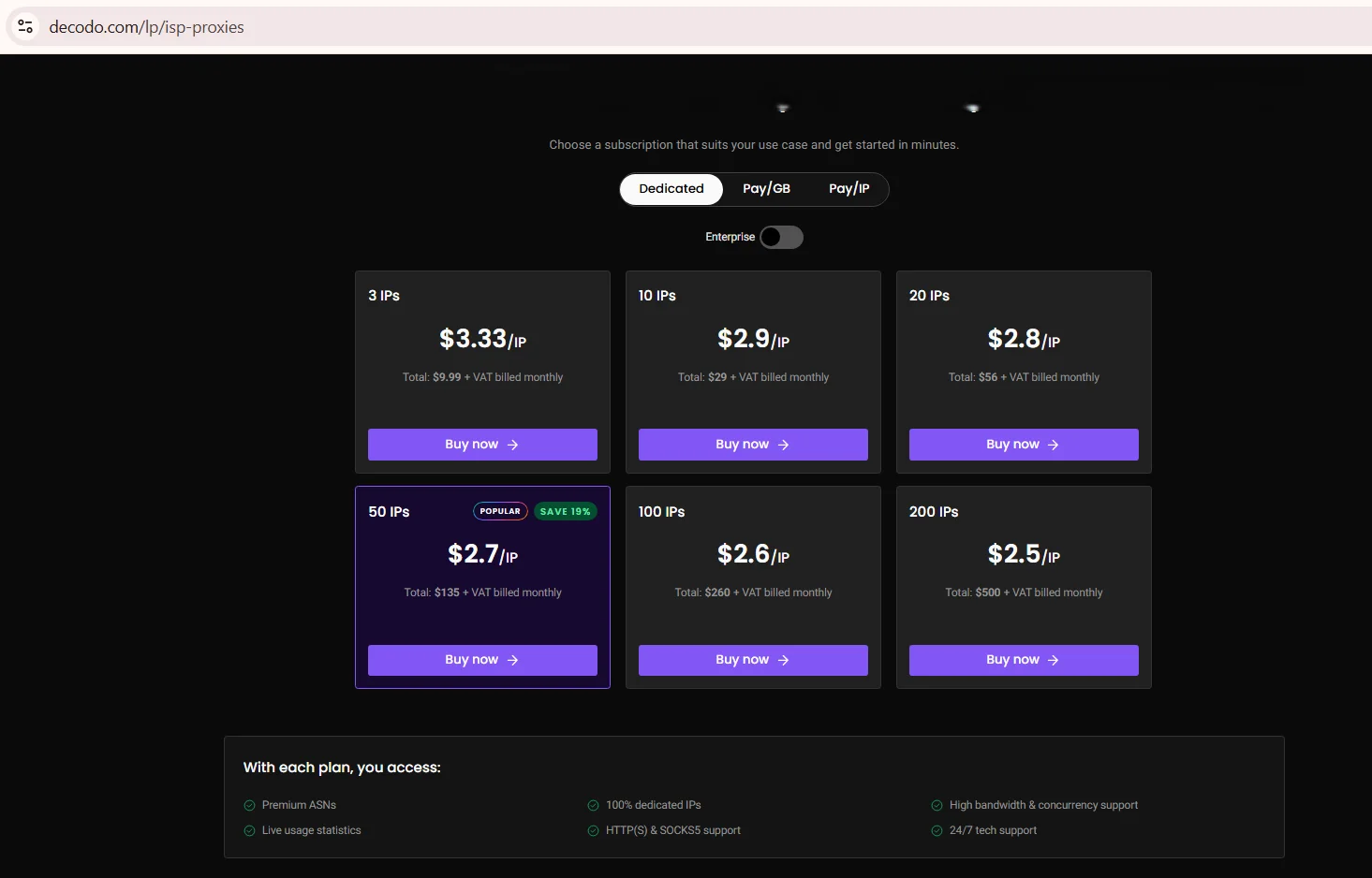 Captura de pantalla de la página de precios de proxies ISP de Decodo