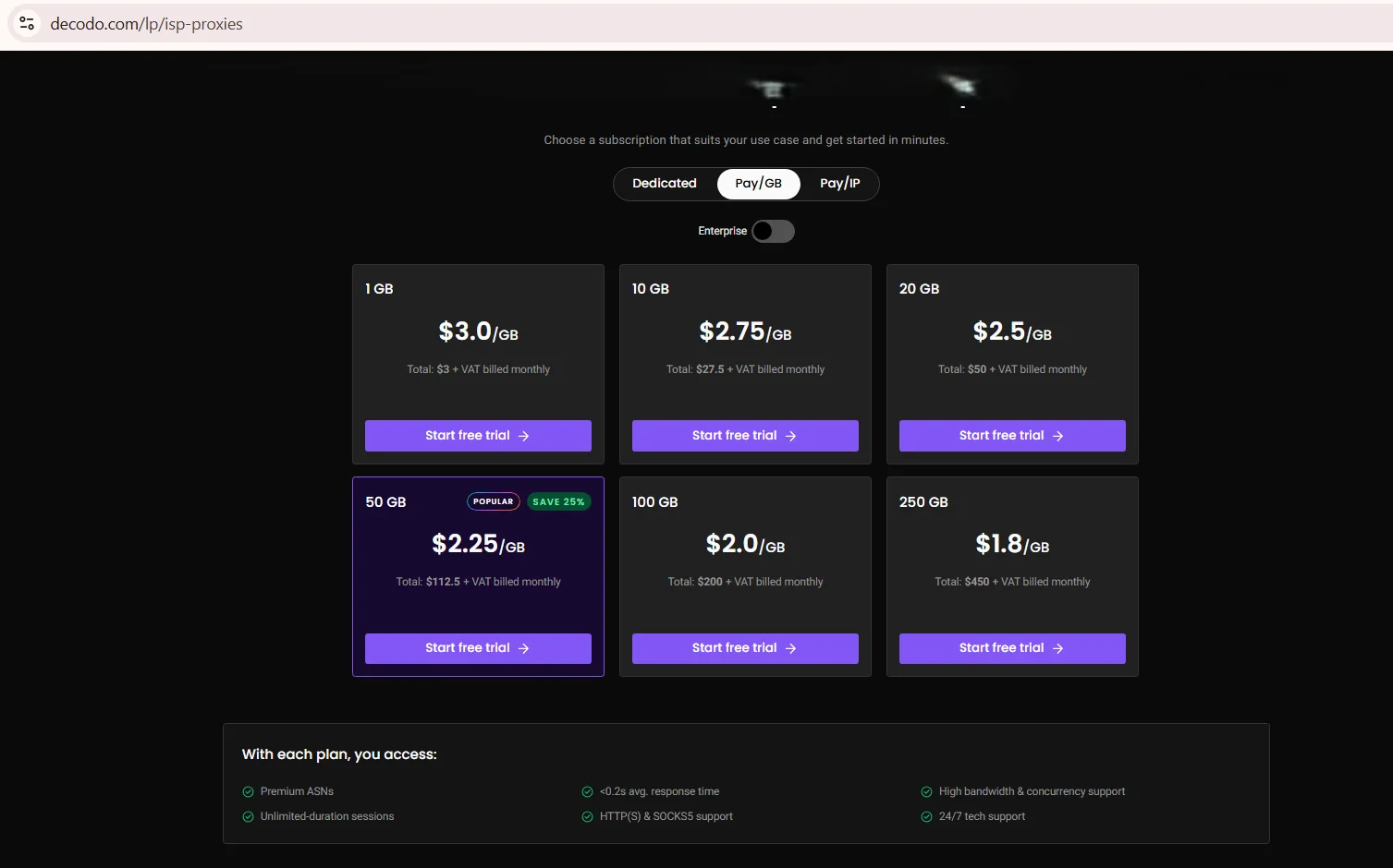 Captura de pantalla de los detalles de precios de proxies ISP de Decodo