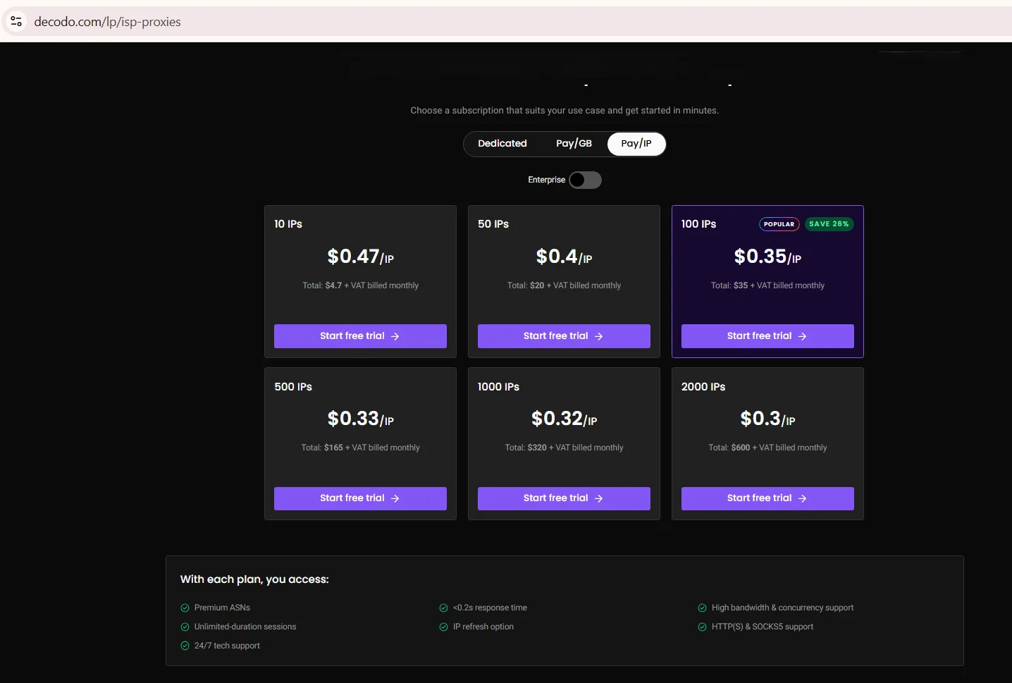 Captura de pantalla de los niveles de precios de proxies ISP de Decodo