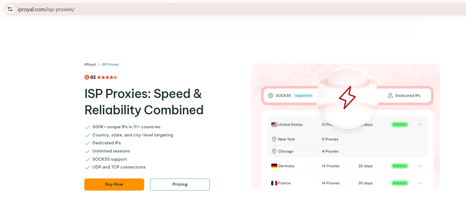 Captura de tela do bloco de recursos dos proxies ISP da IPRoyal